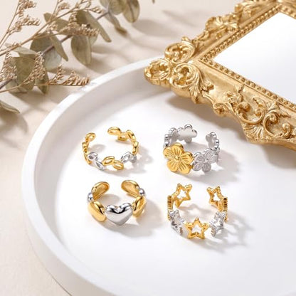 SAVORI Two-Tone Stainless Steel Open Ring Set for Women, 4 Styles (Leaf, Flower, Heart, Star), Hypoallergenic Adjustable Stackable Jewelry Gifts