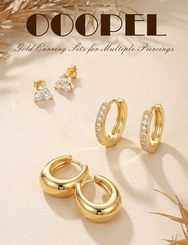 Small Gold Earring Stack Trendy 925 Sterling Silver Earrings for Women Hypoallergenic 14K Gold Plated Cubic Zirconia Stud Hoop Non Tarnish Huggie Hoop Earrings Set for Multiple Piercing Jewelry Gift - style: Gold: 2 Pairs of Hoops + 1 Pair of Studs