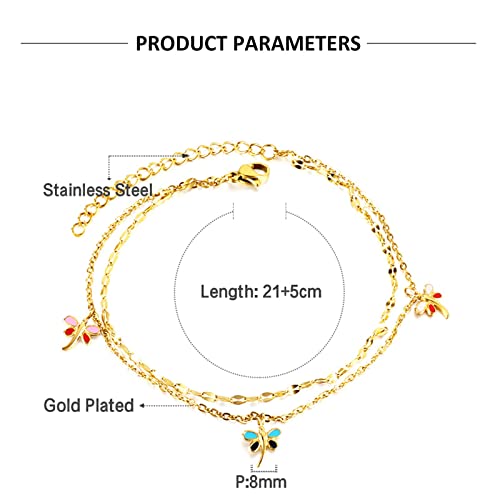 Anklet Bracelets for Women Stainless Steel, Gold Anklets Bracelet for Womens Double Layer Chain with Flower/Ladybug/Dragonfly Anklet for Summer Beach - color: Dragonfly