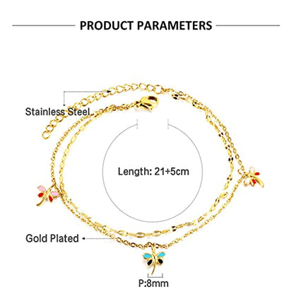 Anklet Bracelets for Women Stainless Steel, Gold Anklets Bracelet for Womens Double Layer Chain with Flower/Ladybug/Dragonfly Anklet for Summer Beach - color: Dragonfly