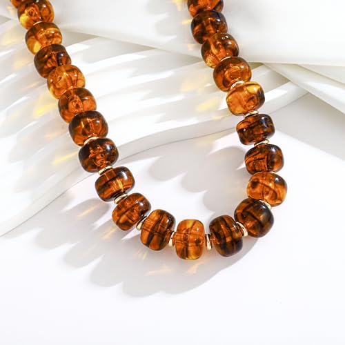 Chunky Beads Necklace for Women Trendy Gold Puffy Heart Choker Necklace Colorful Resin Beaded Heart Pendant Necklaces Statement Jewelry - color: Brown
