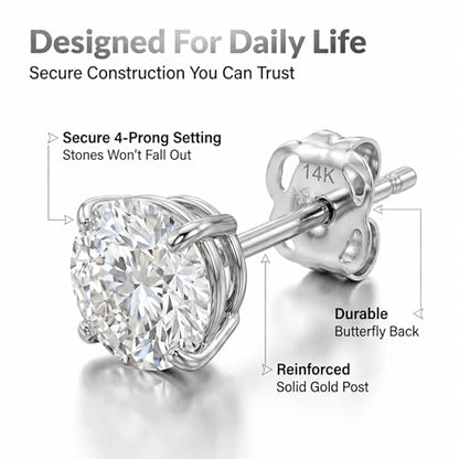 14k Gold Solitaire Round Cubic Zirconia Earrings Studs for Women & Men | Anti Tarnishing CZ Stud Earrings with 14k Gold Butterfly Pushbacks | 4MM-7.5MM by MAX + STONE - color: White Gold, size: 5 mm