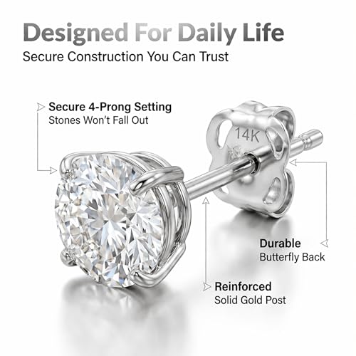 14k Gold Solitaire Round Cubic Zirconia Earrings Studs for Women & Men | Anti Tarnishing CZ Stud Earrings with 14k Gold Butterfly Pushbacks | 4MM-7.5MM by MAX + STONE - color: White Gold, size: 4 mm