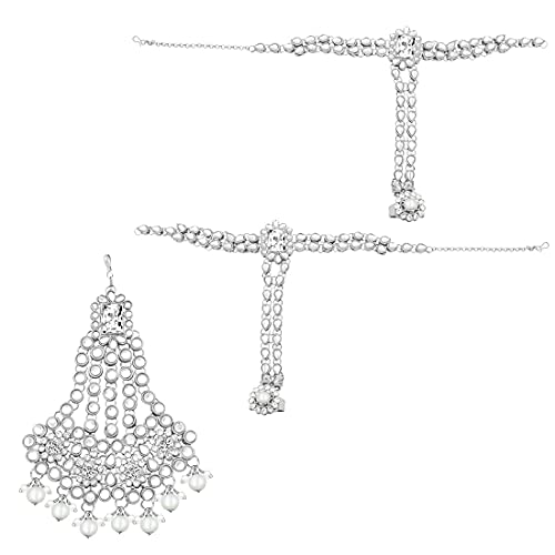 Aheli Traditional Wedding Indian Bharatanatyam jewellery set Long Choker Necklace Earrings Maang Tikka Nath Paasa Hath Phool for Women - color: Rhodium White