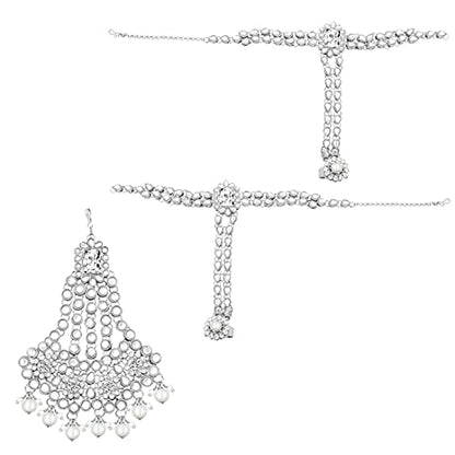 Aheli Traditional Wedding Indian Bharatanatyam jewellery set Long Choker Necklace Earrings Maang Tikka Nath Paasa Hath Phool for Women - color: Rhodium White