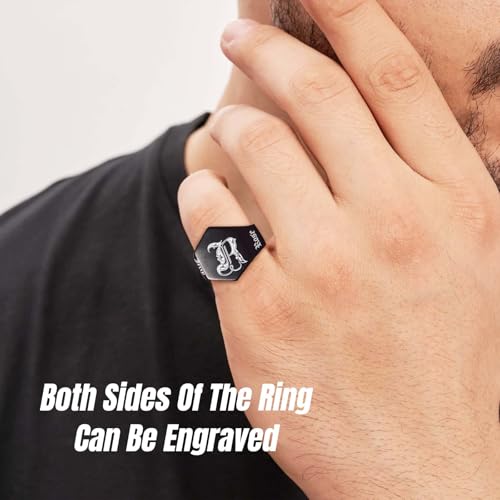 Custom Signet Ring for Men Personalized Initial Ring Custom Mens Rings Engraved Ring Customized Memorial Graduation Gifts for Father Husband Boyfriend Friends - color: Hexagon Black