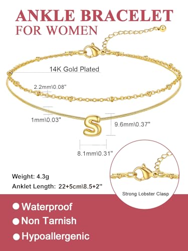 FOCALOOK Initial Anklet Bracelet for Women, 14K Gold Plated Anklets Layer Letter Ankle Chain Non Tarnish, 8.5"+2" Adjustable Large Ankle Summer Beach Foot Jewelry - color: Gold-S