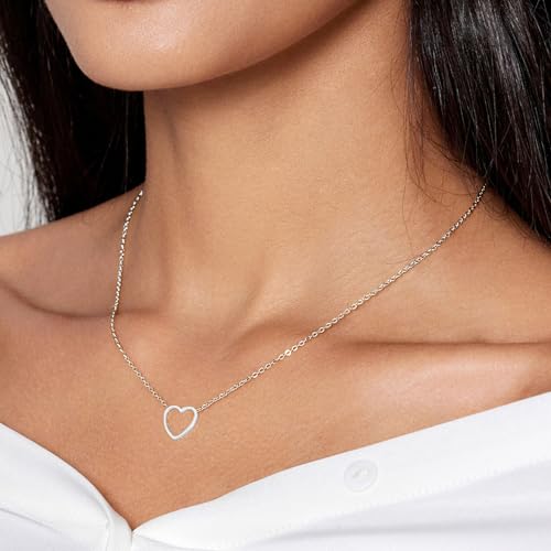 HERIER Cute Heart Necklace Dainty 18k Gold Plated Tiny Heart Pendant Choker Necklaces Small Gold Love Open Heart Chain Necklace for Women Simple Gold Necklace for Women Trendy Jewelry - color: Heart Necklace-Silver