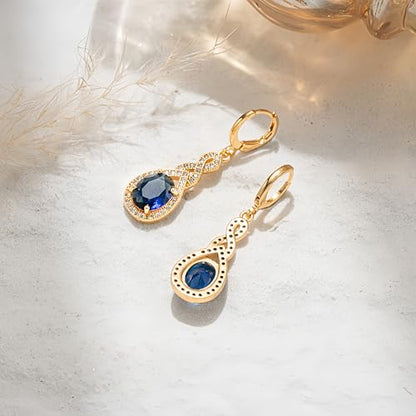 18K Gold Plated Flower Dangle Earrings for Women, Hypoallergenic Cubic Zirconia Earrings, Elegant CZ Drop Earrings, Statement Jewelry Gifts Party Fashion - style: OBS0470-Navy