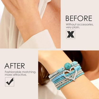 Leather Wrap Bracelets for Women, Boho Leopard Multi-Layer Crystal Beads Cuff Jewelry - color: J-Warp-017