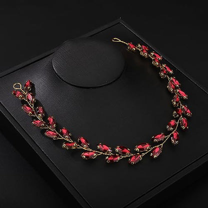 Teyglen Bride Wedding Crystal Hair Vine Full Red Crystal Headband - Bridal Hair Accessories Wedding Headpiece Handmade Rhinestone Hair Piece for Women Girls (Wine Red) - color: Wine Red