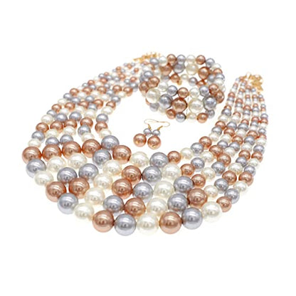 JNF Large Faux Pearl Necklaces for Women Multi strand Pearl Necklace Bracelet and Earrings Set 1920s Costume Pearls Necklace Jewelry Accessories - color: pearl necklace set champagne