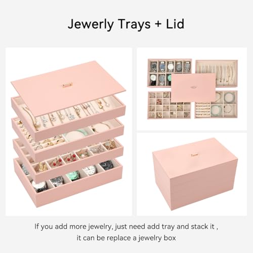 Voova Stackable Jewelry Organizer Tray with Lid (Set of 4, Pink) | Stackable PU leather jewelry trays with drawer inserts for earrings, rings, necklaces, bracelets and watches; set of 4 - color: Pink