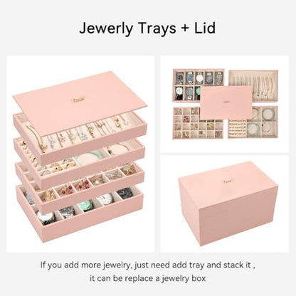 Voova Stackable Jewelry Organizer Tray with Lid (Set of 4, Pink) | Stackable PU leather jewelry trays with drawer inserts for earrings, rings, necklaces, bracelets and watches; set of 4 - color: Pink