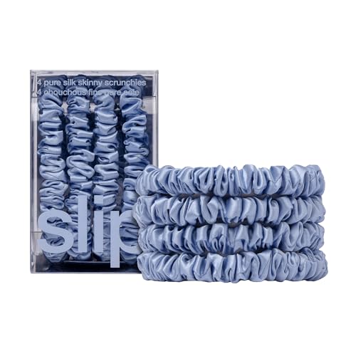 Slip Silk Hair Ties — Skinny Silk Cornflower Scrunchies, No Damage, No Crease, Anti-Breakage |100% Mulberry Silk | All Hair Types | Made with Proprietary Slipsilk™ | Set of 4 - color: Cornflower