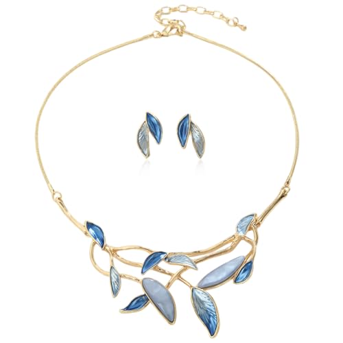 Vintage Statement Jewelry Set - Chunky Flower Floral Plant Geometric Resin Bib Necklace Earring Set Bohemian Boho Crystal Rhinestone Fashion Jewelry for Women Bridal Party Prom Unique Gift - style: MLJS2610-Blue