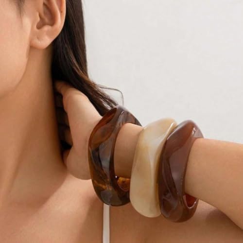 2PCS Chunky Acrylic Bracelet for Women Large Square Resin Cuff Vintage Open Bangle Bracelets Wide Geometric Jewelry - style: 3pcs-red+beige+red