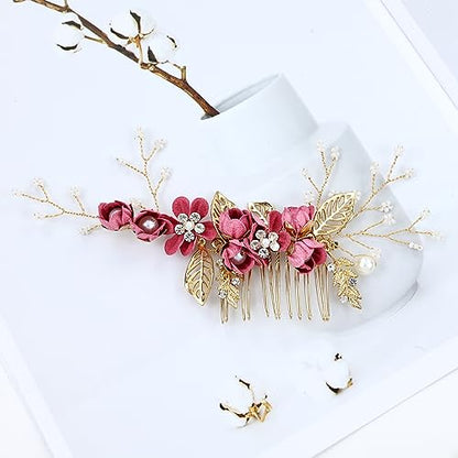 Cinaci 18 Pieces Bridal Wedding Party Prom Pearl Rhinestone Rose Red Flower Hair Side Combs Slides+U-shaped Flower Hair Pins+Twist Spiral Hairpins Floral Headpieces for Brides Bridesmaids Women Girls - color: Rose Red