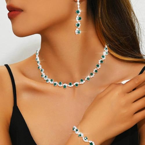 Aukmla Bridal Wedding Jewelry Set Silver Rhinestones Choker Necklaces Earrings Bracelet Sets Prom Jewelry for Women and Brides - color: Green