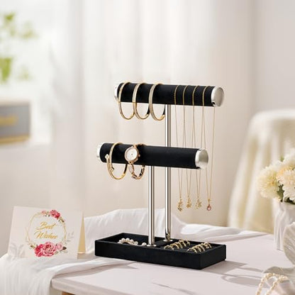bussdis 2 Tier Bracelet Holder Display, Necklace Holder Organizer, BK/SL | Velvet Necklace Holder | Jewelry Tree | Jewelry Towers | Jewelry Stand Organizer for Necklaces, Bracelets, Earrings, Rings - color: Black and Silver