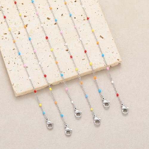 6 PCS Enamel Beaded Chains Bracelet Stainless Steel Link Bracelets | 6.7"+1.18", With Extender Chain, Fashion Jewelry Set, Gift For Women, Colorful, No Fade - color: Colorful Silver
