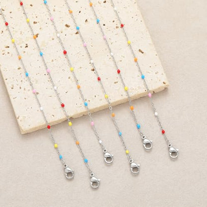 6 PCS Enamel Beaded Chains Bracelet Stainless Steel Link Bracelets | 6.7"+1.18", With Extender Chain, Fashion Jewelry Set, Gift For Women, Colorful, No Fade - color: Colorful Silver