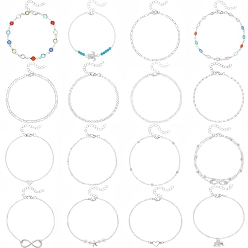 Starain 12Pcs Summer Beach Anklets for Women Waterproof Gold Silver Chain Ankle Bracelets Cute Women's Foot Anklet Set 7.9-10.5 inch Adjustable - color: 16Pcs Silver Ankle Bracelet