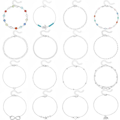 Starain 12Pcs Summer Beach Anklets for Women Waterproof Gold Silver Chain Ankle Bracelets Cute Women's Foot Anklet Set 7.9-10.5 inch Adjustable - color: 16Pcs Silver Ankle Bracelet