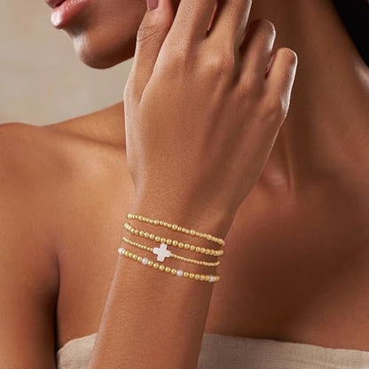Cuzmly Bracelets for Women, Waterproof 14K Gold/Silver Plated Stackable Bracelets for Women Non Tarnish Trendy Dainty Paperclip Figaro Box Herringbone Hand Chain Bracelet Pack Stack Adjustable Jewelry for Women - style: 4 Beaded Cross