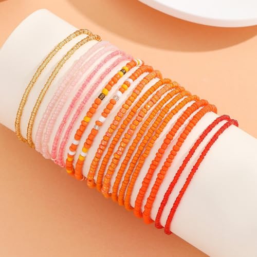 18-20PCS Colorful Bohemia Seed Beaded Bracelets Set Stackable Boho Stretch Bangle Bracelets Multilayer Boho Anket Concert Summer Beach Vaction Surf Jewelry Accessory - color: Orange-18pcs
