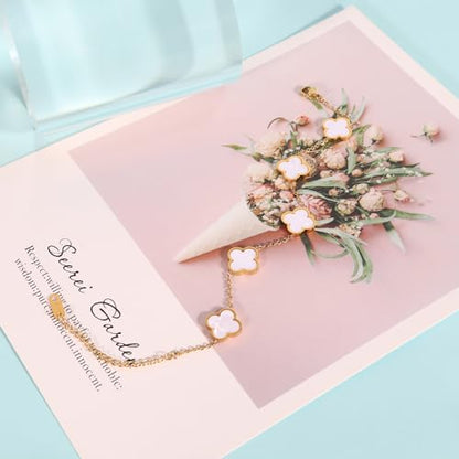 Delicacy Clover Bracelets Necklace Set:Clover Necklaces Clover Bracelet Women Link Bracelets Cute Gold Jewelry - color: White-Gold