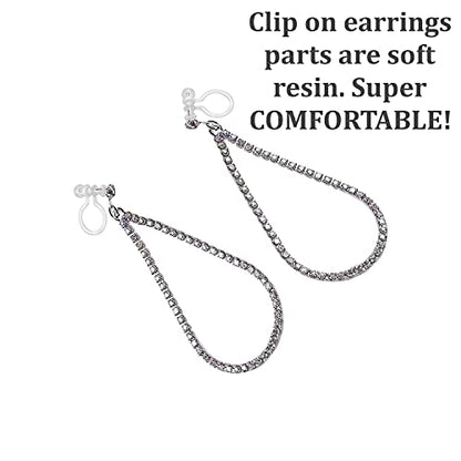 Dangle Silver Invisible Clip On Earrings for Women Not Pierced Gold Crystal Rhinestone Comfortable Hoop Fringe Long Chain Clip On Earrings - color: Teardrop Silver 2