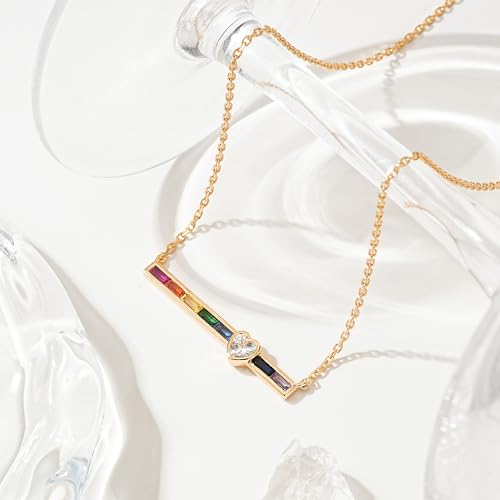 Fettero Dainty 14K Gold Plated Cubic Zirconia Necklaces for Women, Simple Bar Pendant Necklace, Mix-color Rainbow Jewelry Gold Necklace for Women Trendy Gifts - style: Rainbow Heart