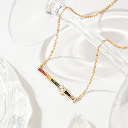 Fettero Dainty 14K Gold Plated Cubic Zirconia Necklaces for Women, Simple Bar Pendant Necklace, Mix-color Rainbow Jewelry Gold Necklace for Women Trendy Gifts - style: Rainbow Heart