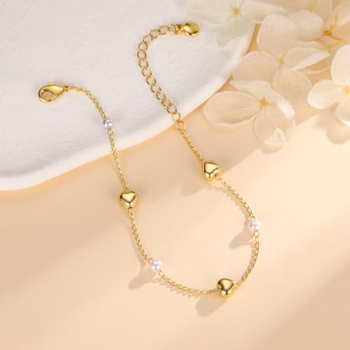 Gold Pearl Bracelet for Women, 18K Gold Plated Dainty Pearls Beaded Chain Bracelet Jewelry Gifts for Women - color: E-Gold 5