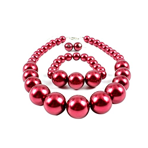 COLORFUL BLING Chunky Multicolor Simulated Pearl Choker Necklace Drop Dangle Earrings Bracelet Set Crystal Bib Big Large Round Beaded Strand for Women Brides Costume Statement 1920s Wedding Jewelry - color: Wine Red1