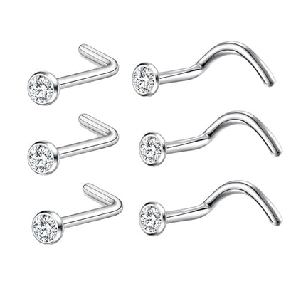 BelezaDosas 6pcs G23 Titanium Nose Studs 18G 20G Screw Nose Ring Press Fit 2mm 2.5mm 3mm Piercing Jewelry for Sensitive Skin - style: 18G/2.35mm