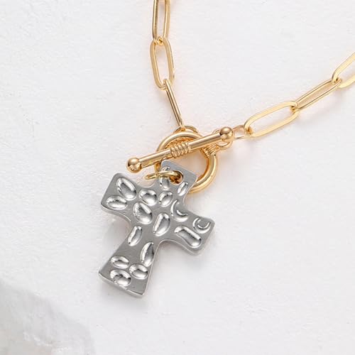 Cross Bracelet for Women Vintage Style Two-Tone Cross Chain Bracelet Gold Plated Paperclip Link Adjustable OT Clasp Jewelry