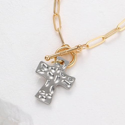 Cross Bracelet for Women Vintage Style Two-Tone Cross Chain Bracelet Gold Plated Paperclip Link Adjustable OT Clasp Jewelry