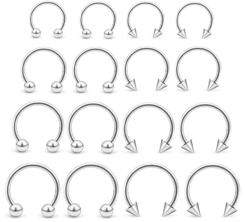 16PCS 16G Multiple Different Sizes Horseshoe Barbell Surgical Steel Nose Septum Rings Hoop Daith Earring Eyebrow Helix Vertical Lip Piercing Jewelry for Women Men - color: 16pcs,16g,diameter:6-12mm
