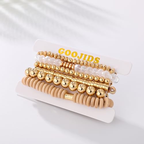 GOOJIDS Simple Beaded Gold Plated Bangles Bracelet Chunky Bamboo Tube Curved Stacking Clear Acrylic Colorful Beads Stretchable Gold Plated Bracelets Set For Women - color: A-A1 Gold Bead Set E