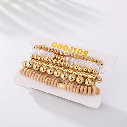 GOOJIDS Simple Beaded Gold Plated Bangles Bracelet Chunky Bamboo Tube Curved Stacking Clear Acrylic Colorful Beads Stretchable Gold Plated Bracelets Set For Women - color: A-A1 Gold Bead Set E