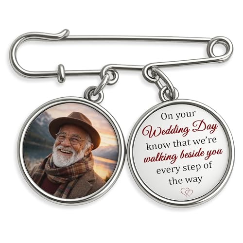 Personalized Wedding Bouquet Photo Charm, Custom Memorial Pin with Picture, Photo Locket Pendant for Bride Bouquet or Groom Suit, Memory Charm for Wedding Bouquet - color: Every Step With You 03