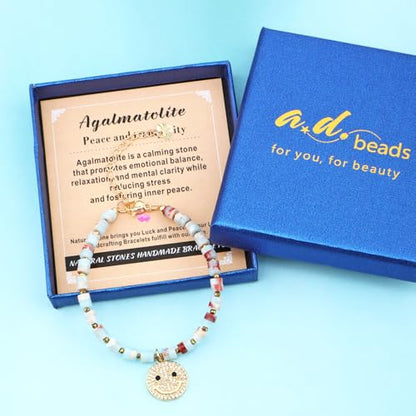 Natural Gemstone Healing Crystal Dainty Charms Bracelet Adjustable Chain Extender Minimalist Jewelry - color: Agalmatolite jasper + Happy face