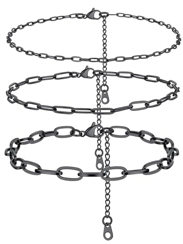 PROSTEEL Ankle Bracelets for Women, Silver/Gold/Black, Waterproof Anklets | Waterproof, Stainless Steel, Summer Beach Jewelry, Durable & No Tarnish, Come with Gift Box, 8-10.5" Adjustable, Plus Size - color: L: black-paperclip chain(3pcs)