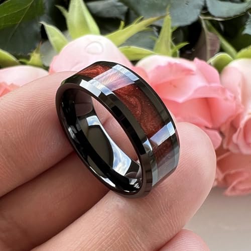 TUTISS 8mm Black Tungsten Rings for Men Women Flowing Sand Inlay Fashion Engagement Promise Wedding Band Beveled Polished Shiny Comfort Fit - color: 8mm Red Sand