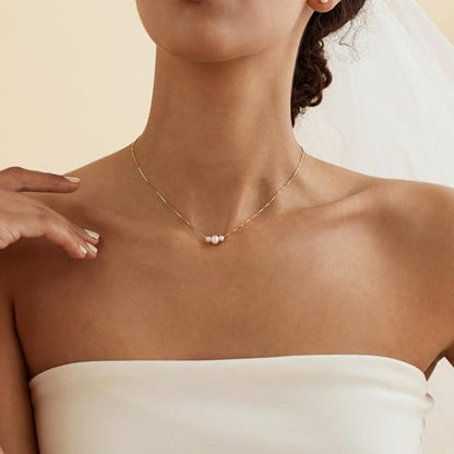 Plenky Pearl Necklaces for Women-14k Gold Plated Layered-Single Pearl Necklace Simple Pearl Choker Necklaces for Women Trendy Cute Gold Necklace Jewelry for Women Gifts - style: 3 Pearls Necklace