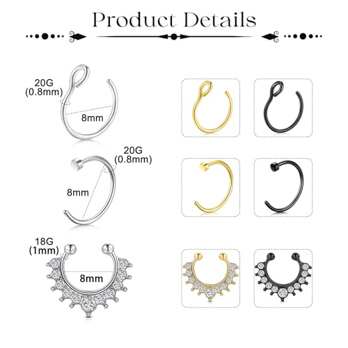 Fake Eyebrow Ring Fake Lip Labret Studs Replacement Balls Spike with 100pcs Sticker Non-Piercing Body Jewelry Fake Skin Piercing - color: A3 -Silver + Gold + Black