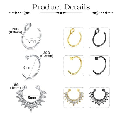 Fake Eyebrow Ring Fake Lip Labret Studs Replacement Balls Spike with 100pcs Sticker Non-Piercing Body Jewelry Fake Skin Piercing - color: A3 -Silver + Gold + Black