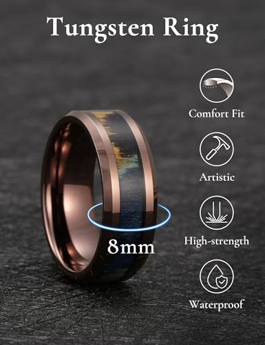 King Will Tungsten Wedding Band Wood Inlay for Men Black Beveled Edge | Black, 8mm, Beveled Edge, Comfort Fit, Wood inlay, Promise Gift - color: Colorful Wood Chips-Brown